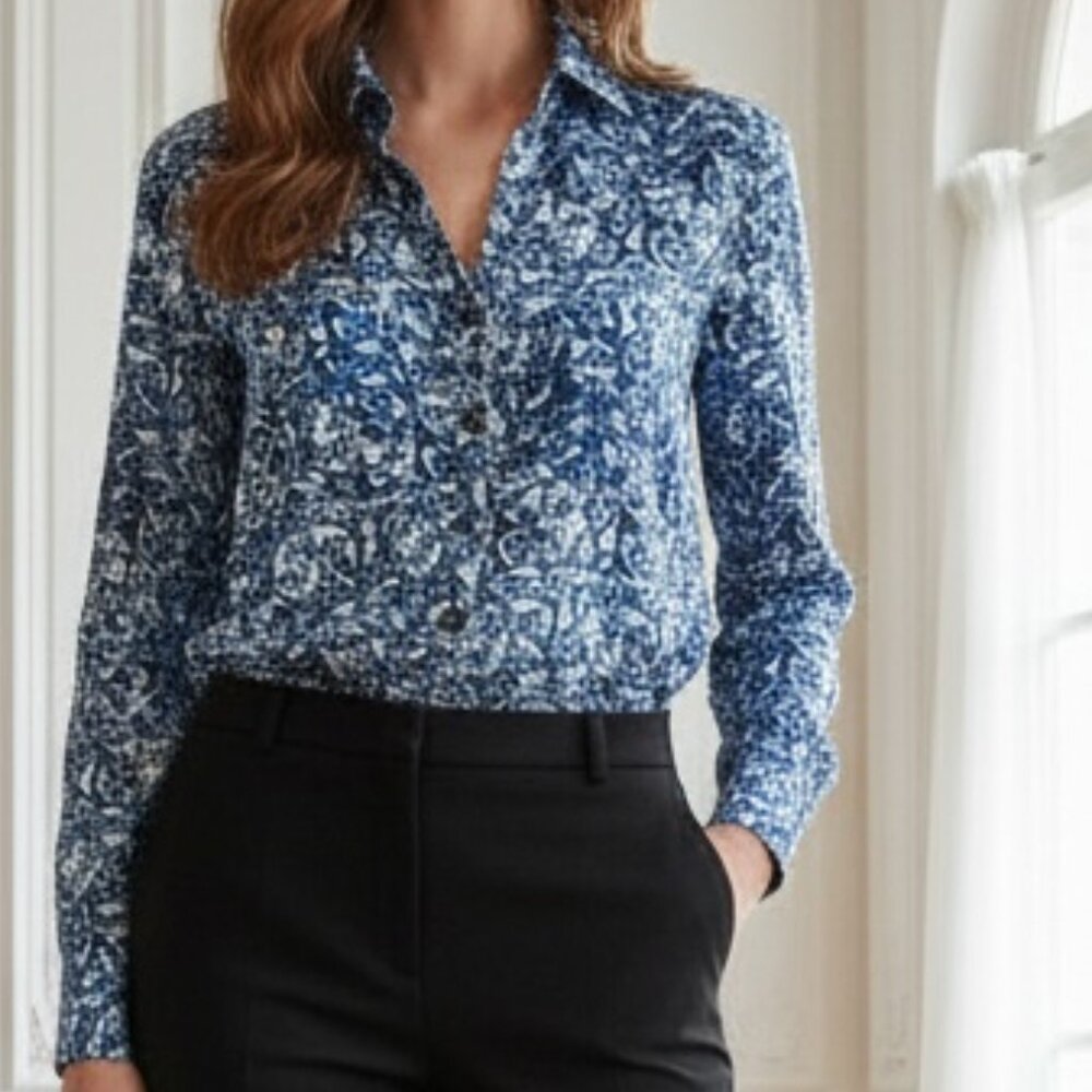 Raga Blue White Floral Button Front Top Medium